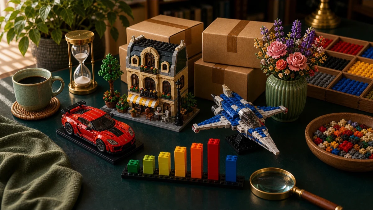 Gebouwde online marketplace LEGO-dealscene met bezorgdozen, displaymodellen, sorteerlades en voorraadbalken