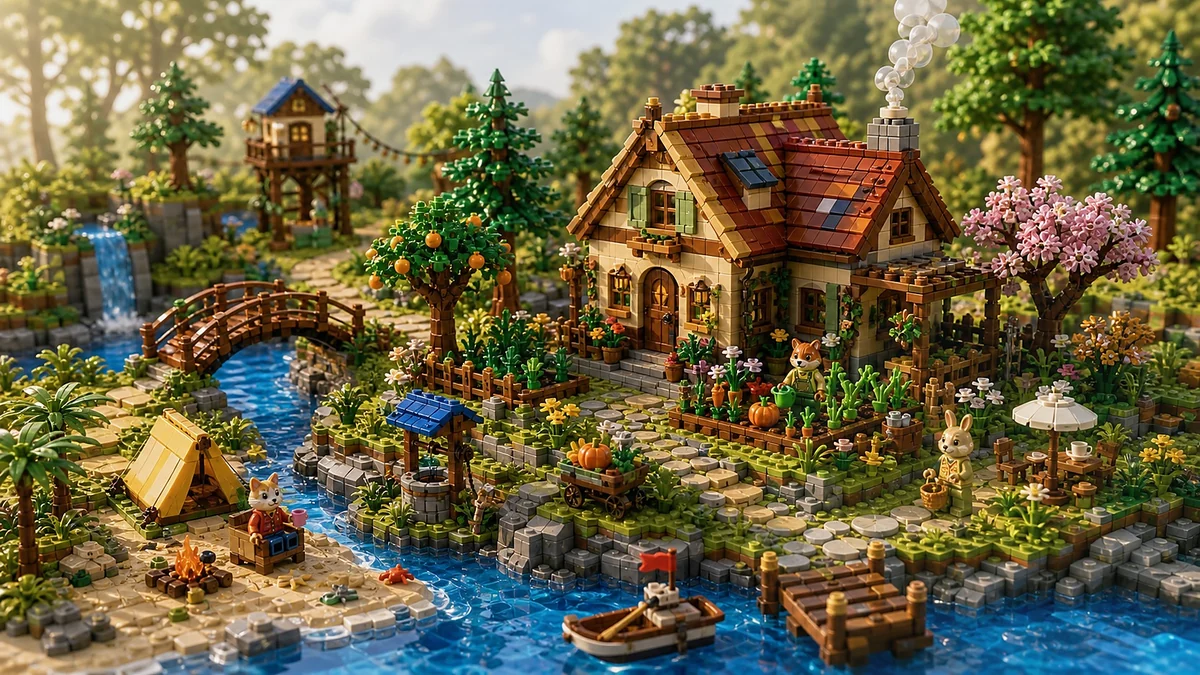 Gebouwde cozy-island scene met cottage, rivierbrug, fruitbomen, strandkamp, tuin en dierfiguren