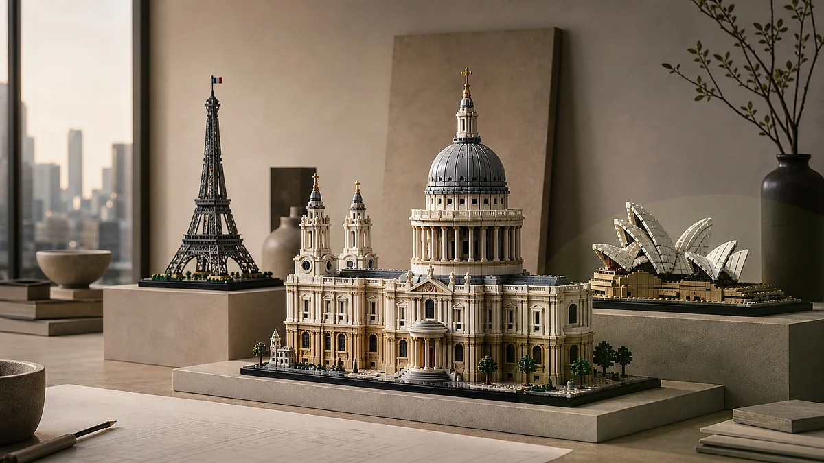 Architectuurstudio met gebouwde monumenten, skyline-modellen, stenen sokkels en zachte museumverlichting