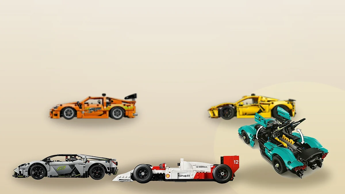 LEGO cars side by side: Senna's McLaren MP4/4, Technic supercars and race cars on a warm background