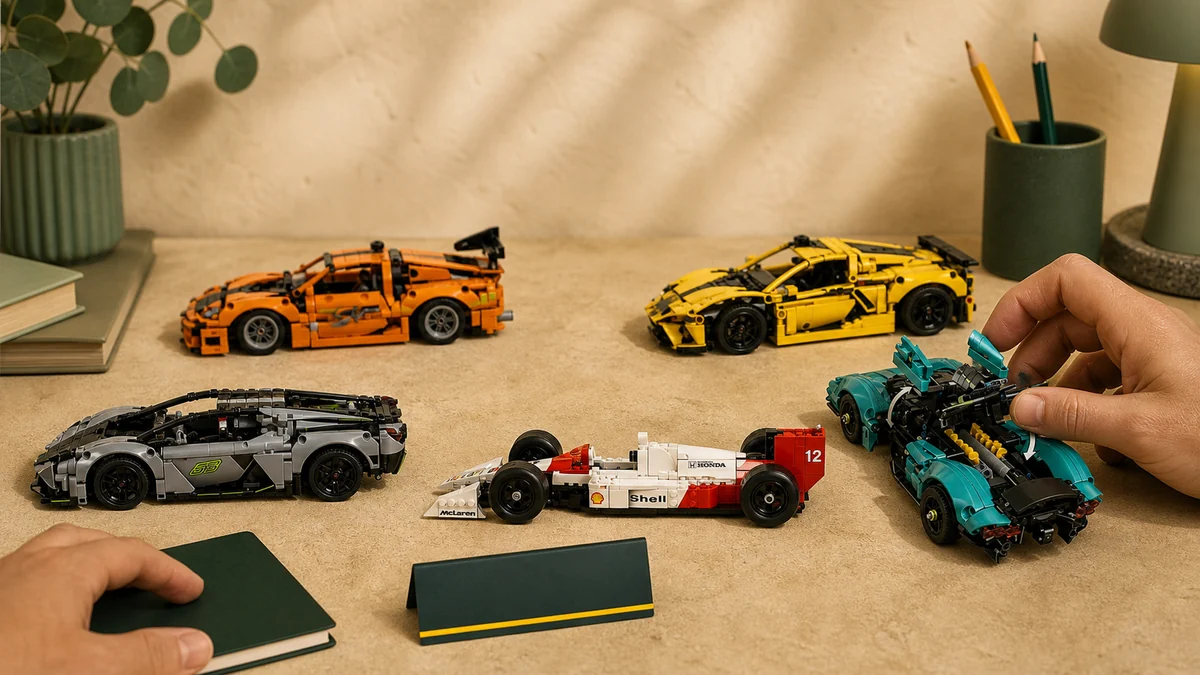 LEGO auto's op een verzamelwerkbank met een hand die een turquoise sportwagen afstelt
