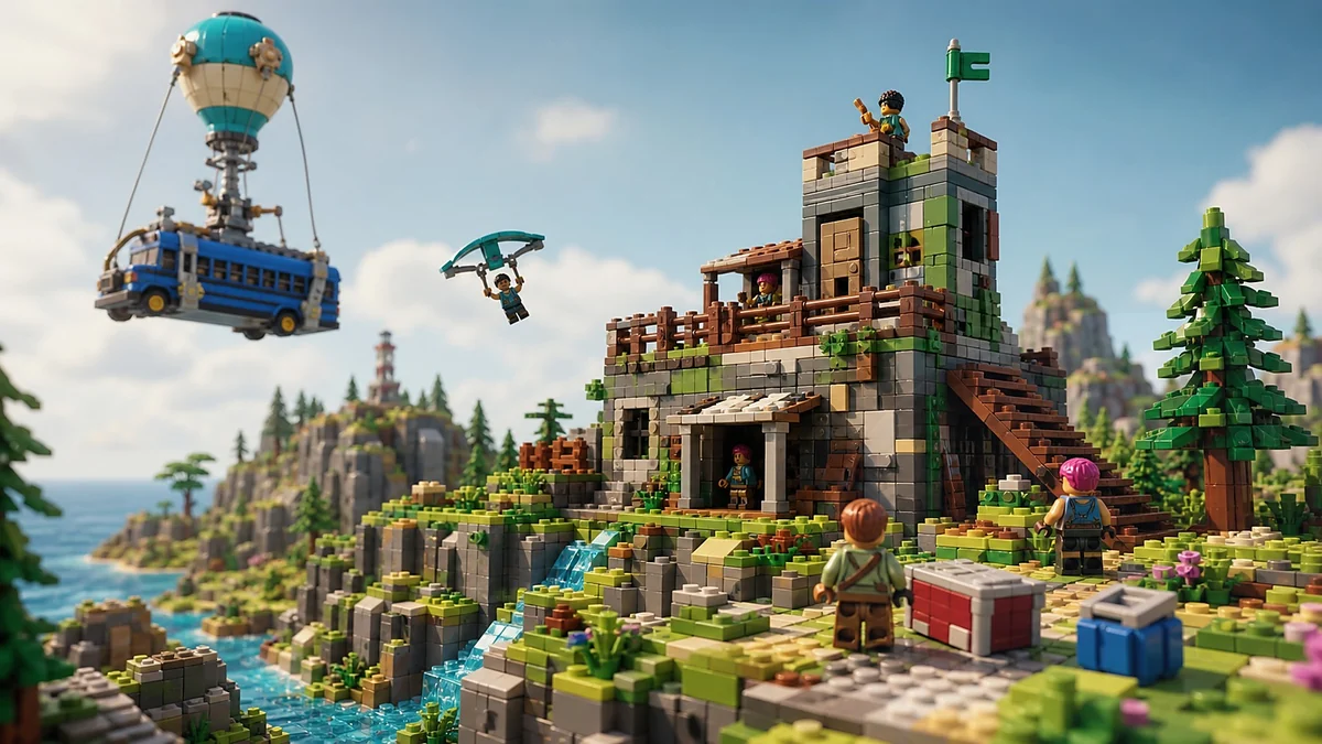 Gebouwd survival-eiland met zwevende blauwe bus, fort, glider, kliffen, rivier en voorraadkratten
