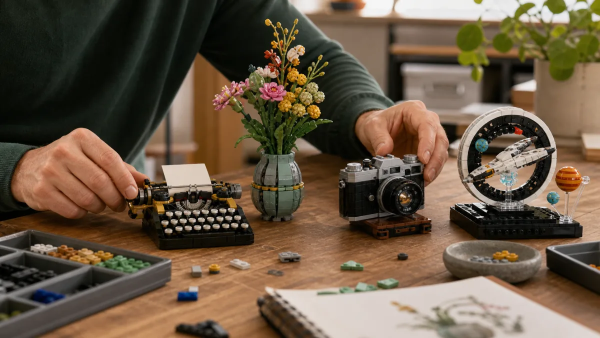 Creative collector shelf with brick-built treehouse, telescope, typewriter, retro object and concept models