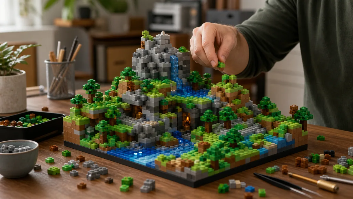Brick-built Minecraft biome with mine base, farm, trees, water, rail and blocky figures