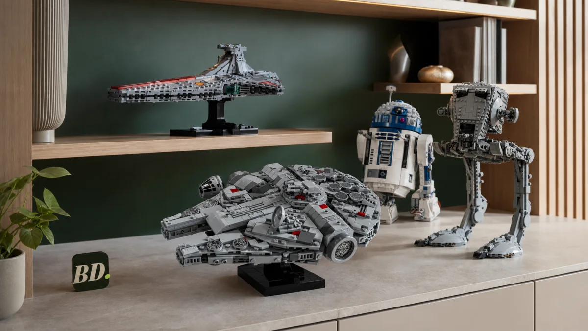 Millennium Falcon, R2-D2, AT-ST en Venator als herkenbare LEGO Star Wars displaysets op een lichte houten verzamelwand