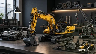 Moderne engineeringstudio met gele graafmachine, technisch chassis, kraanmodel, tandwielen en mechanische onderdelen