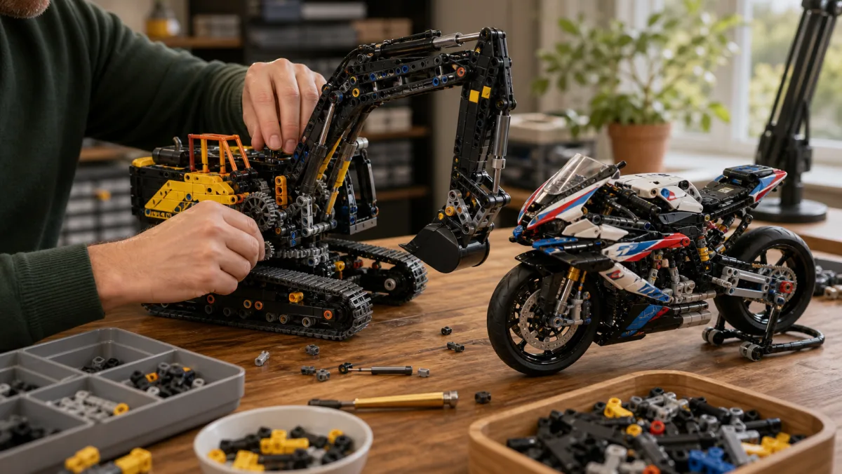 Modern engineering studio with yellow excavator, technical chassis, crane model, gears and mechanical parts