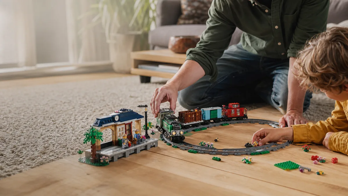 Echte LEGO treinproductbeelden op een fotorealistische speeltafel