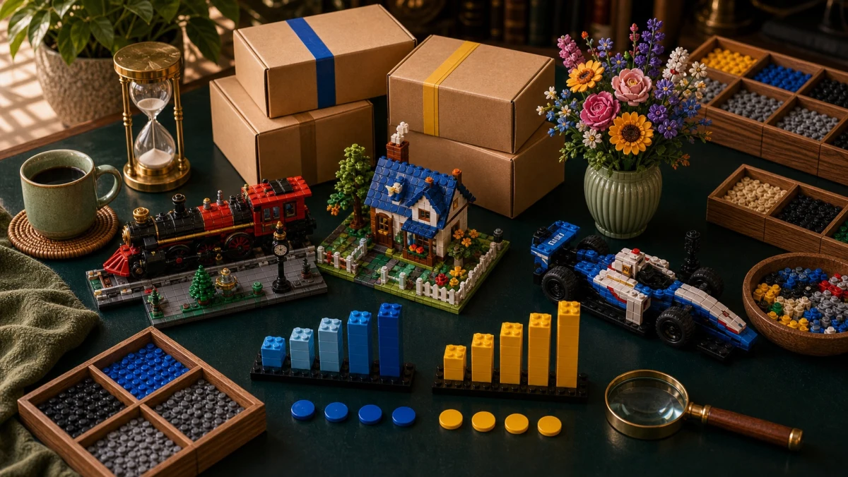 Gebouwde LEGO-aanbiedingenscene met bezorgdozen, blauwe en gele kleuraccenten, displaysets en voorraadbalken