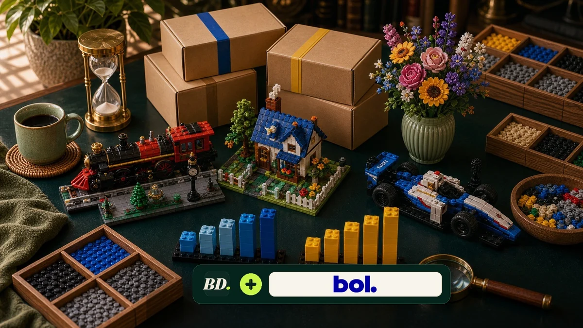 Brick-built prijstafel met LEGO sets, pakketten, grafieken en een BricksDeal plus Bol.com logo-plaque