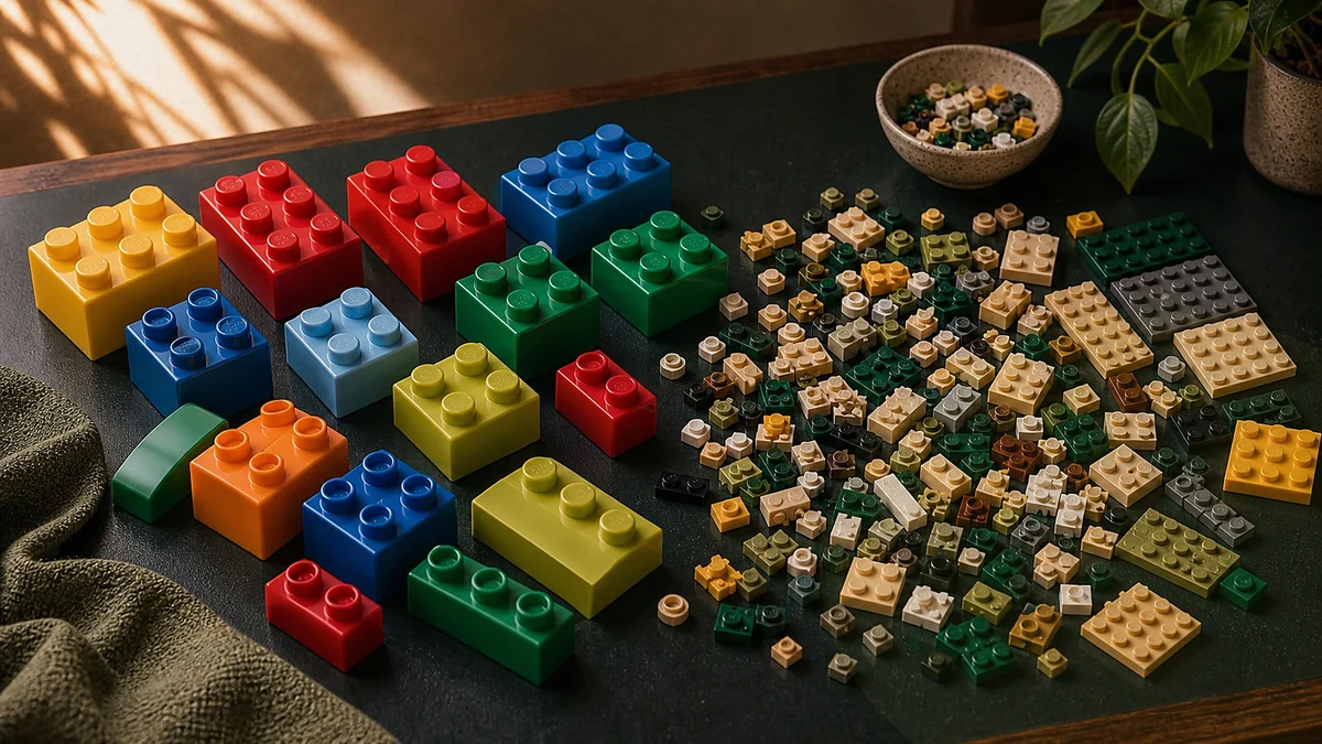 Grote Duplo steen naast een kleine LEGO System steen op een witte tafel: het formaatverschil in één oogopslag