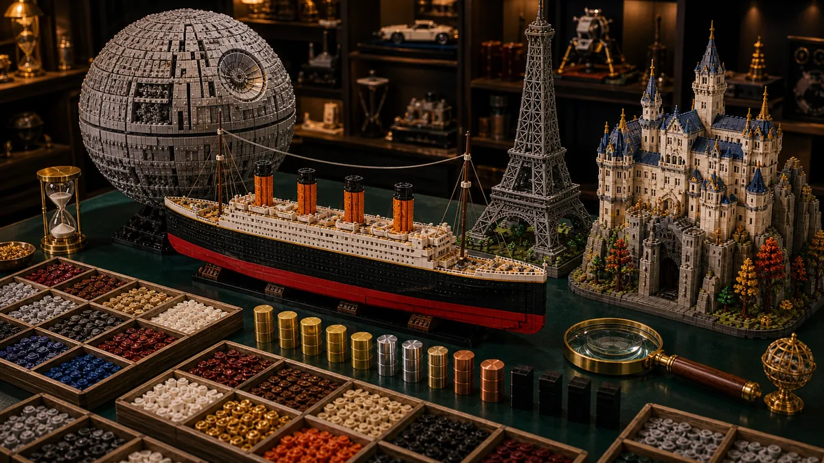 Monumentale LEGO-display met ruimtebol, oceaanliner, hoge toren, kasteelstuk, sorteertrays en metallic voorraadbalken