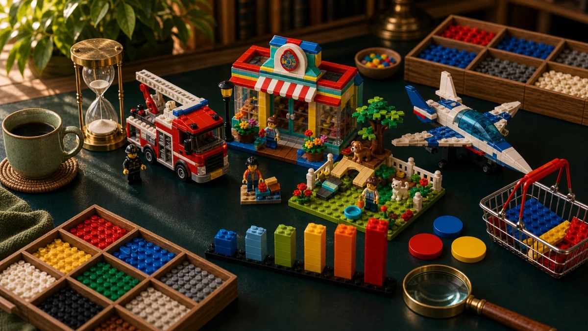 Gebouwde speelgoedretailer LEGO-scene met speelse setmodellen, winkelmandje, kleuraccenten en voorraadbalken