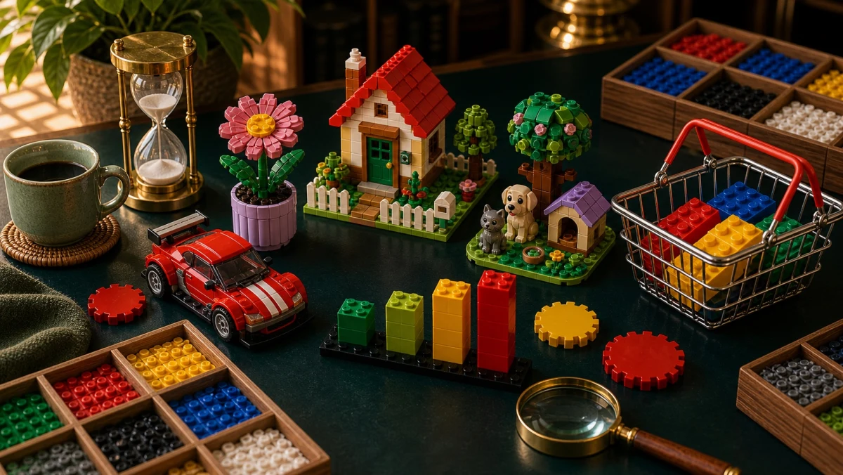 Gebouwde discountretailer LEGO-scene met winkelmand, kleine cadeau-sets, dealmarkers en voorraadbalken