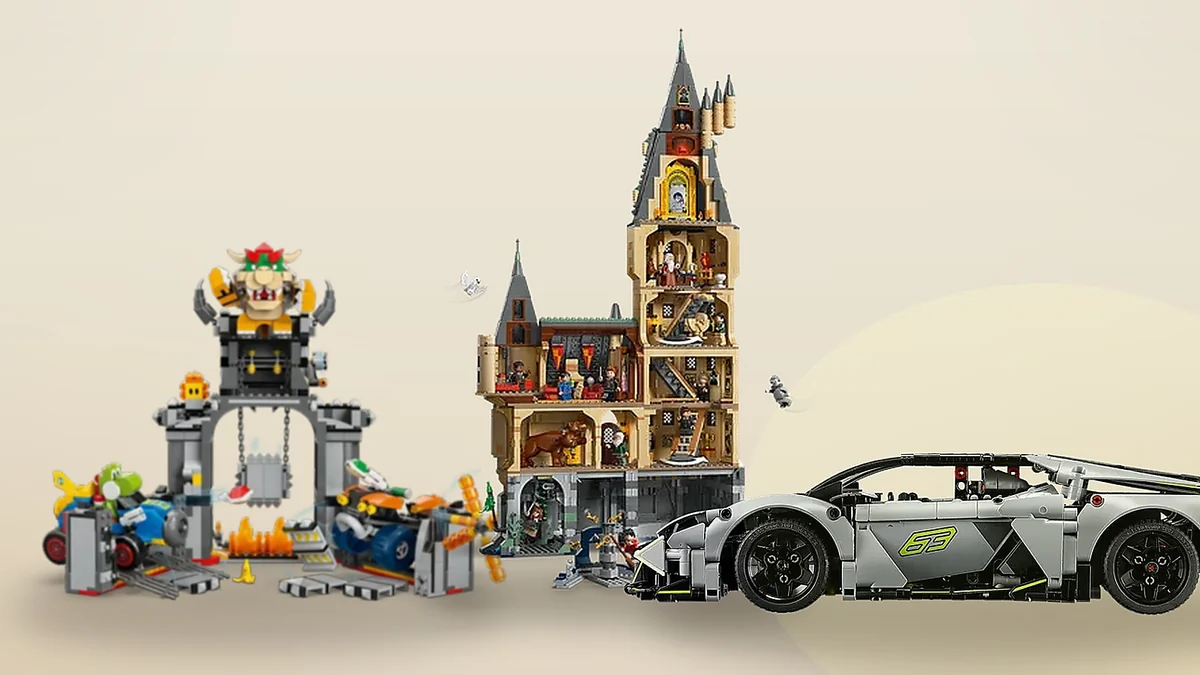 Studio composition of three top gifts for a 10-year-old: the Mario Kart Bowser's Castle on the left, the Hogwarts Castle main tower in the centre, and the Technic Lamborghini Revuelto on the right, against a warm backdrop.