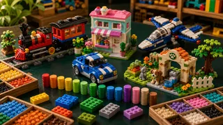 Kleurrijke LEGO sets voor 6-jarigen op een donkergroene tafel met voertuigen, dieren, sorteertrays en voorraadbalken