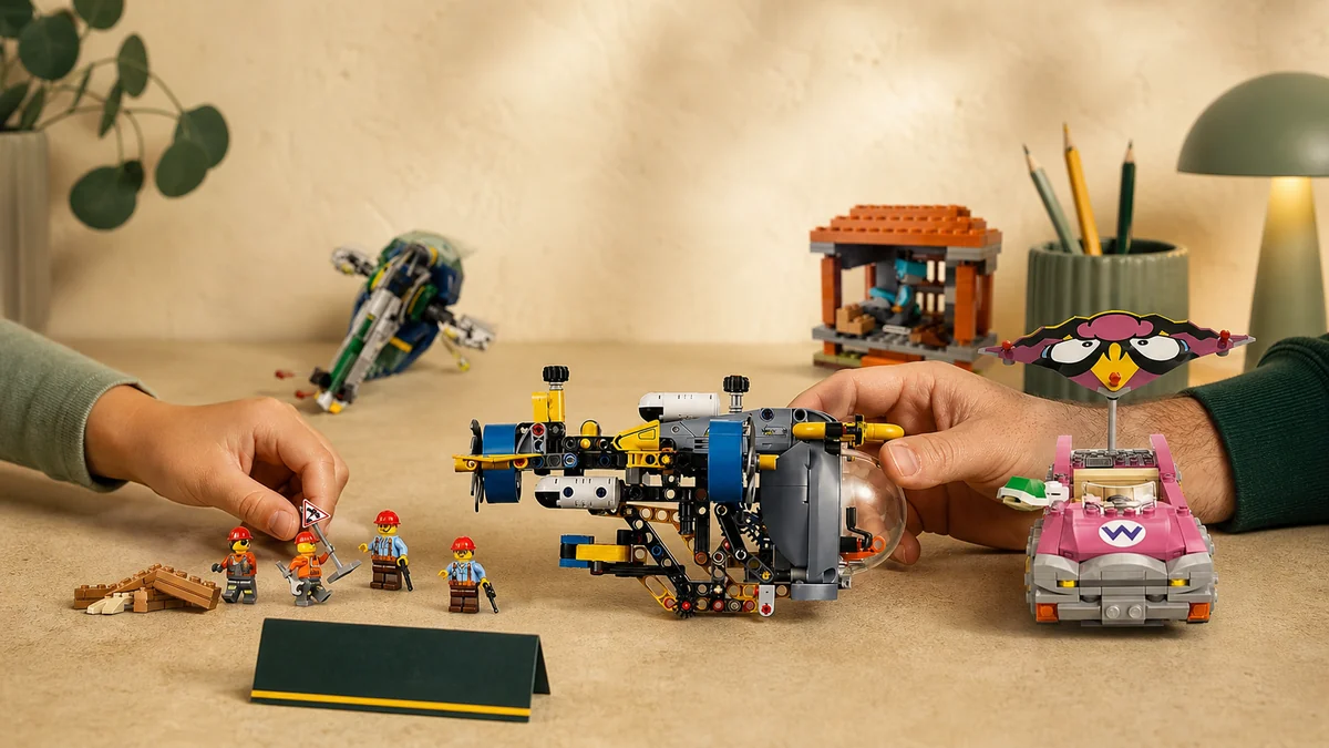 LEGO sets for 8-year-olds on a play table with children's hands and an adult holding the submarine