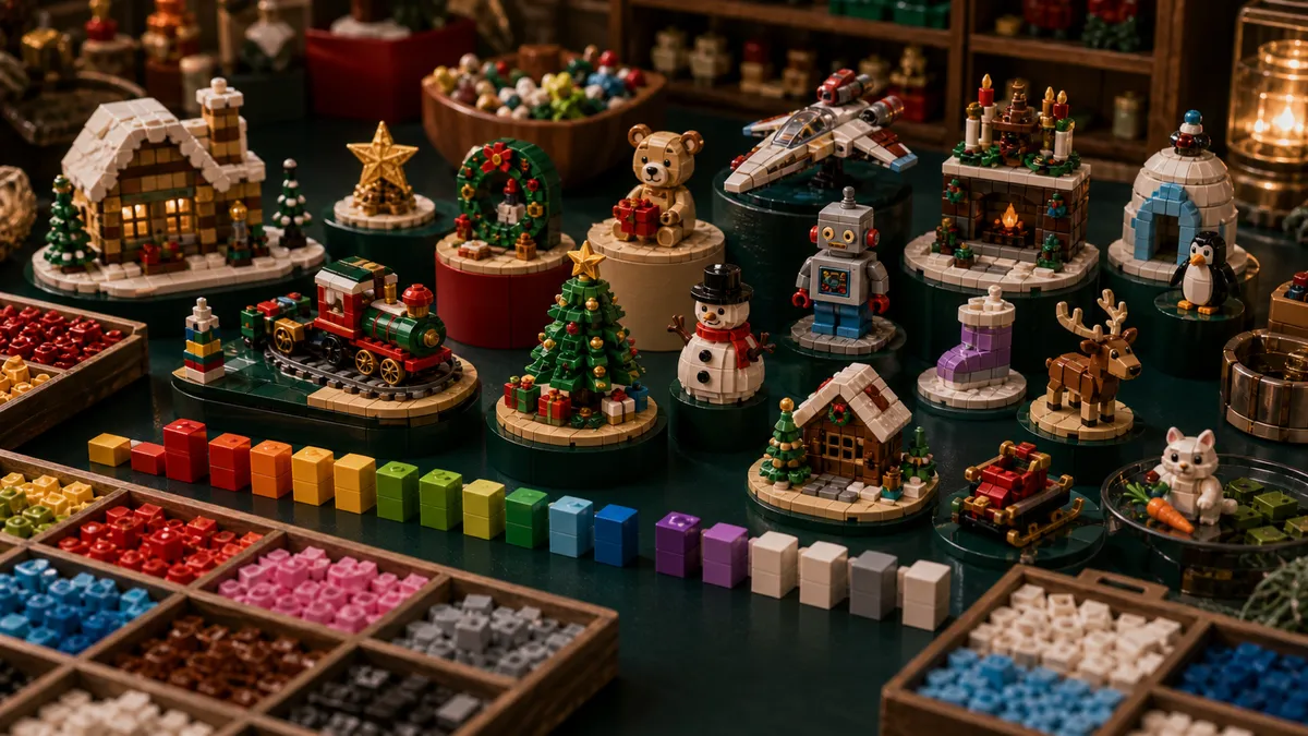 Gebouwde LEGO-adventscene met minibouwsels, wintertrein, boom, sorteertrays en gekleurde voorraadbalken op een groen BricksDeal-bureau