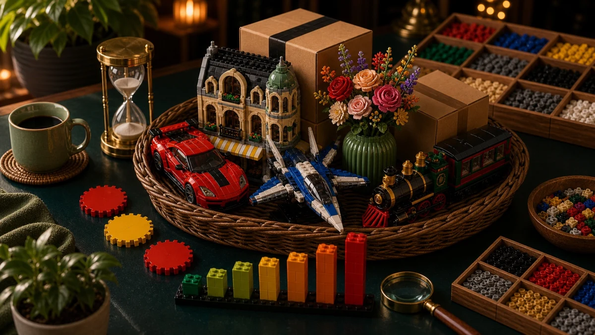 Brick-built Black Friday bureau met LEGO sets, bezorgdozen, kleurmarkers, voorraadbalken en sorteerlades