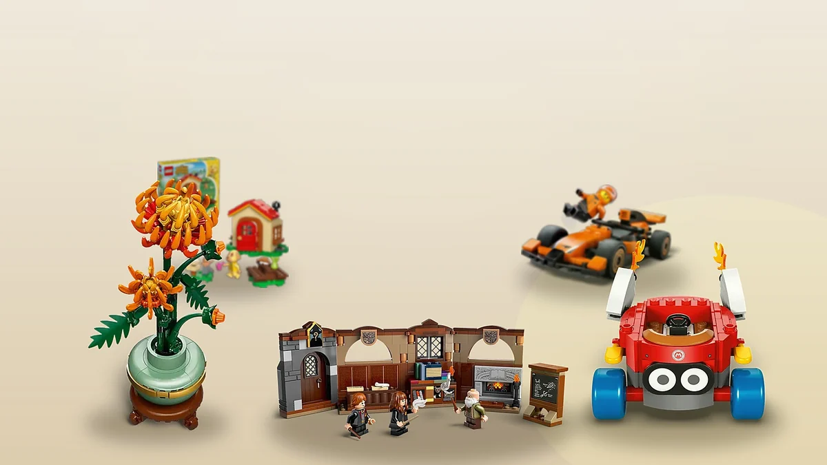Small LEGO gifts together: the Botanicals chrysanthemum, the Hogwarts classroom and Mario Kart models