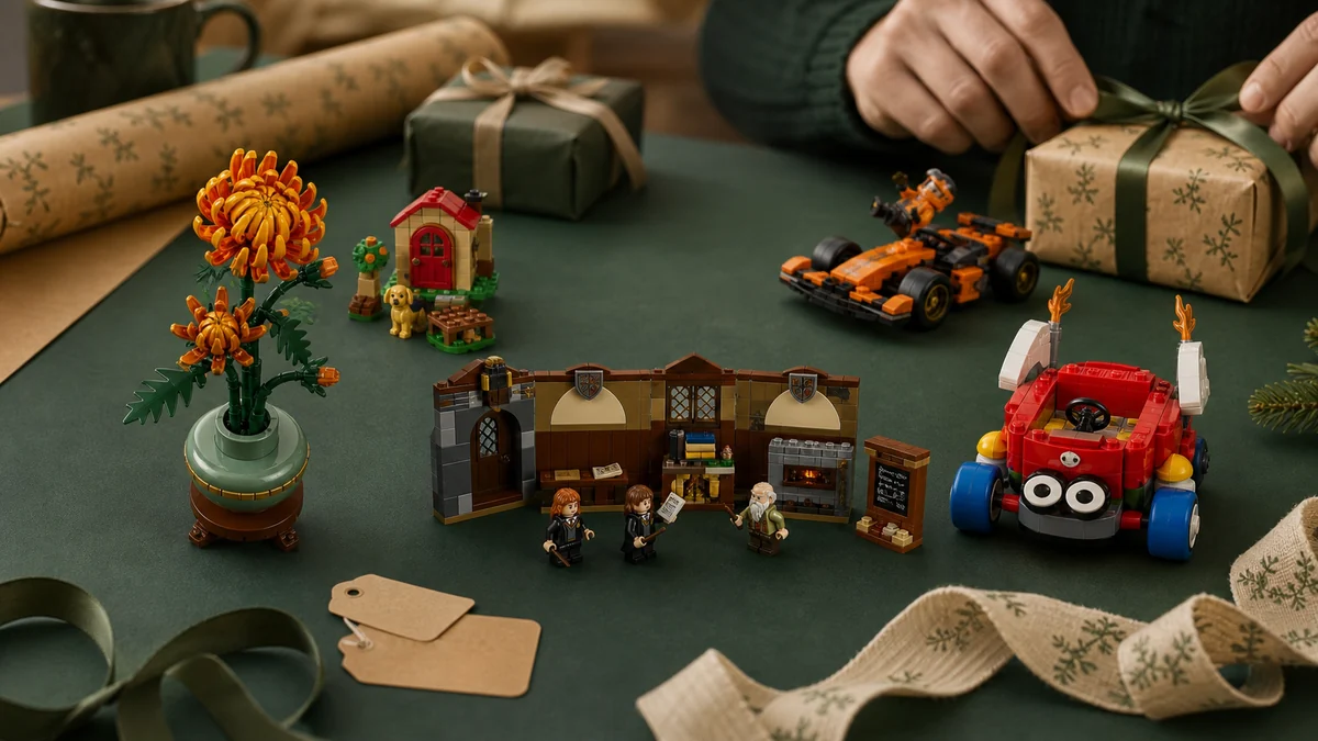 Small LEGO gifts on a green gift-wrap table with ribbon, wrapping paper and hands tying a package
