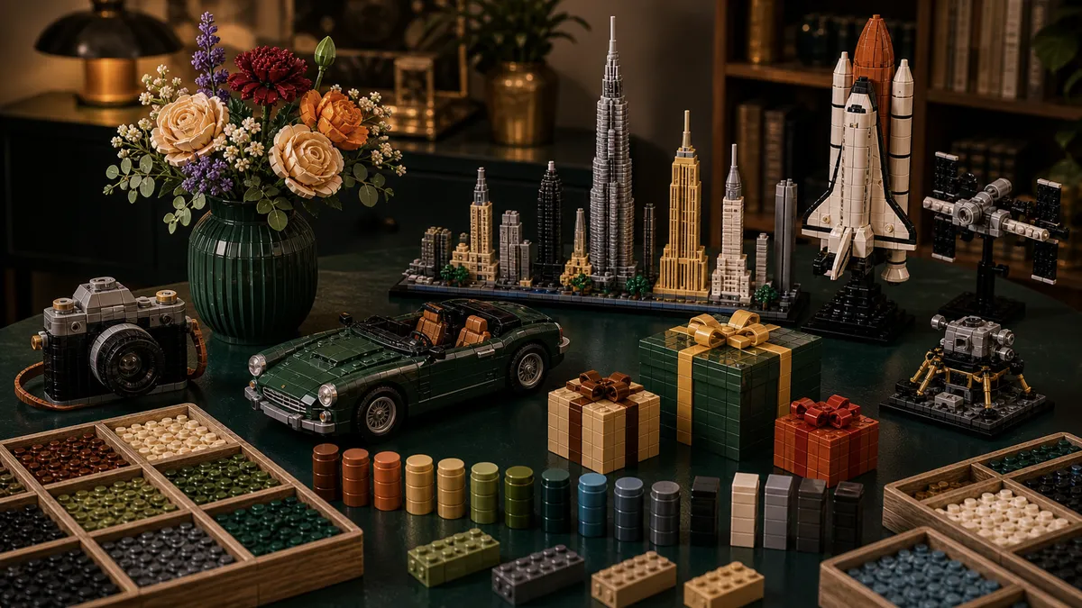 Stijlvolle woonkamer met brick-built skyline, bloemen, roadster, ruimtedisplay, camera, sorteertrays en voorraadbalken
