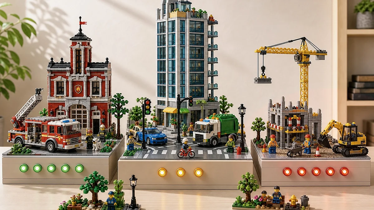 Gebouwde city-diorama met hoge stadstoren, brandweerkazerne, vrachtwagen, bouwplaats en voorraadlichten