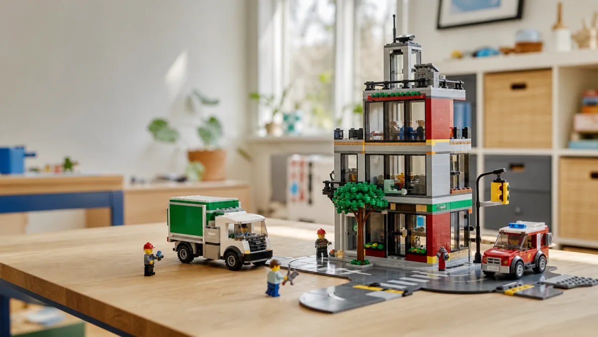 Echte LEGO City-Produktbilder auf einem fotorealistischen Spieltisch zur Altersvorsorge