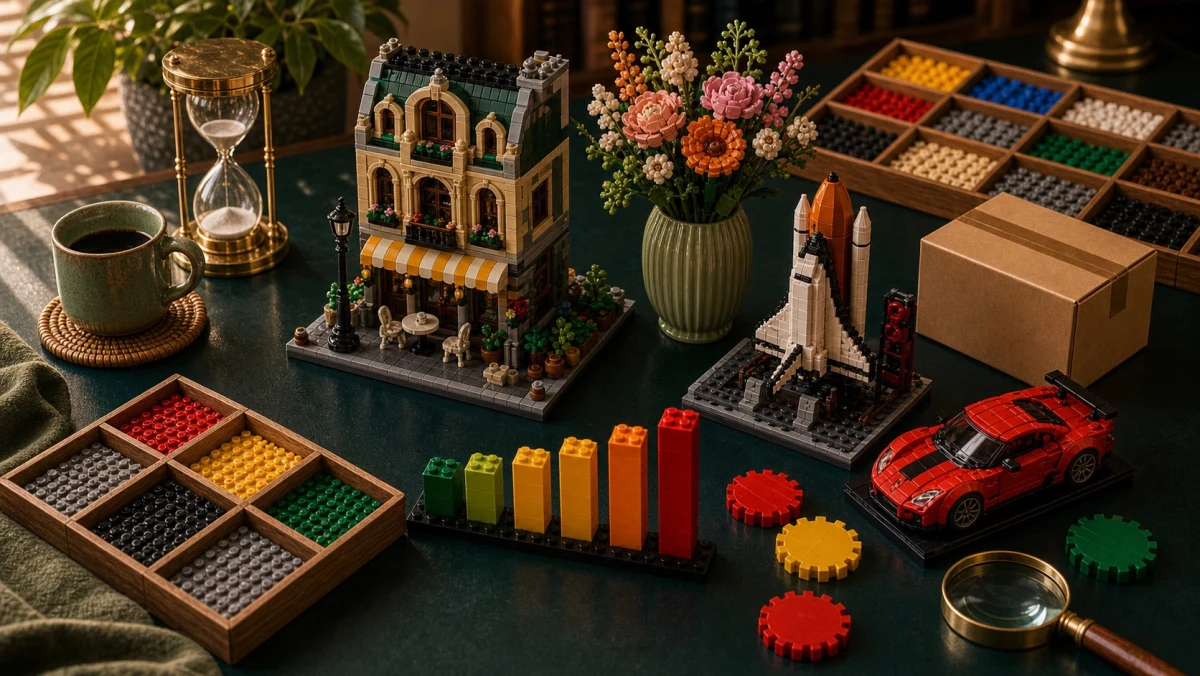 Gebouwde LEGO.com kortingscode-scene met displaysets, dealchips, bezorgdoos, sorteerlades en voorraadbalken