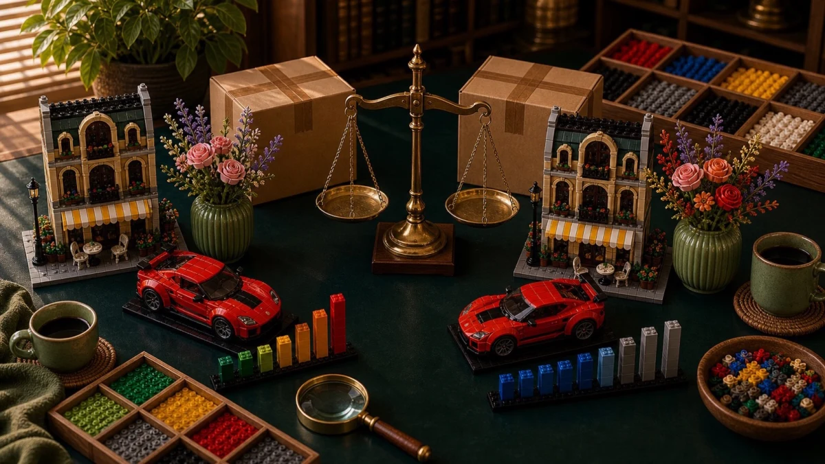 Gebouwde prijsvergelijking met twee gelijke LEGO-setopstellingen, balans, bezorgdozen en voorraadbalken