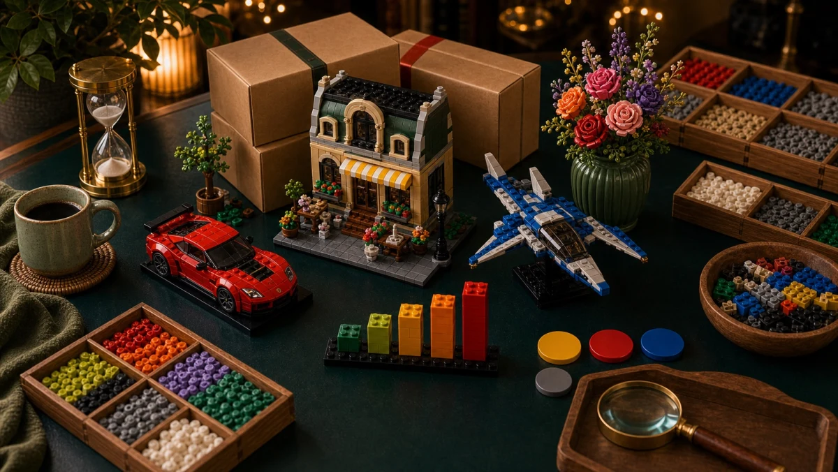 Gebouwde Cyber Monday LEGO-scene met displaymodellen, bezorgdoos, kleurchips en abstract prijsscherm