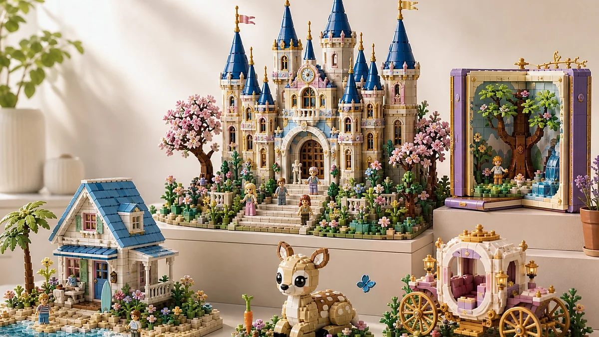 Lichte sprookjesdisplay met pastel kasteel, strandhuis, dierfiguur, koets en storybook-scene