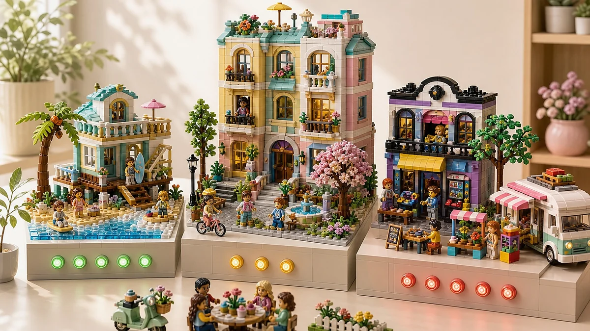 Pastelkleurige buurt met appartementengebouw, strandhuis, gamewinkel, camper, markt en voorraadlichten