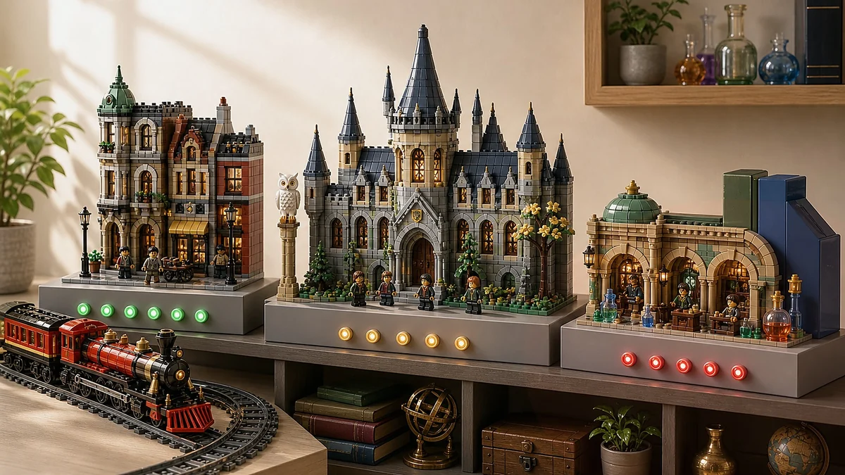 Gebouwde fantasy-school display met kasteelvleugel, oude winkelstraat, stoomtrein, uil, booghal, flesjes en voorraadlichten
