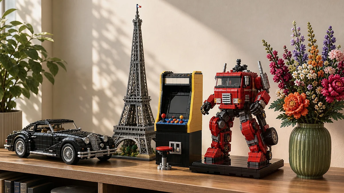 Vitrineplank met volwassen displaymodellen: zwarte klassieker, torenvorm, arcadekast, rode mech en boeket