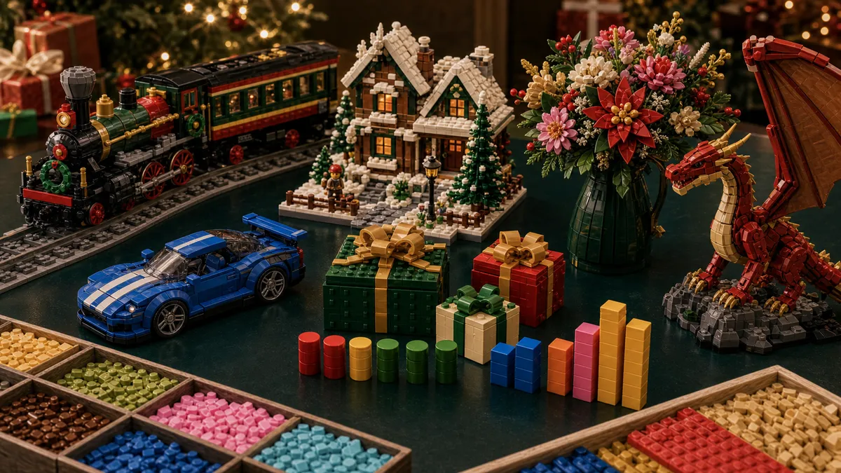 Gebouwde LEGO-cadeauselectie met wintertrein, sneeuwhuisje, bloemen, draak, sorteertrays en voorraadbalken op een groen bureau