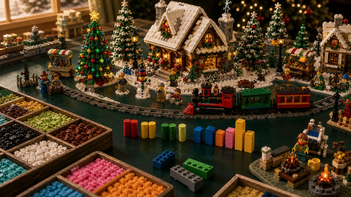 Gebouwd LEGO-kerstdorp met wintertrein, boom, huisje, sorteertrays en gekleurde voorraadbalken op een groen bureau