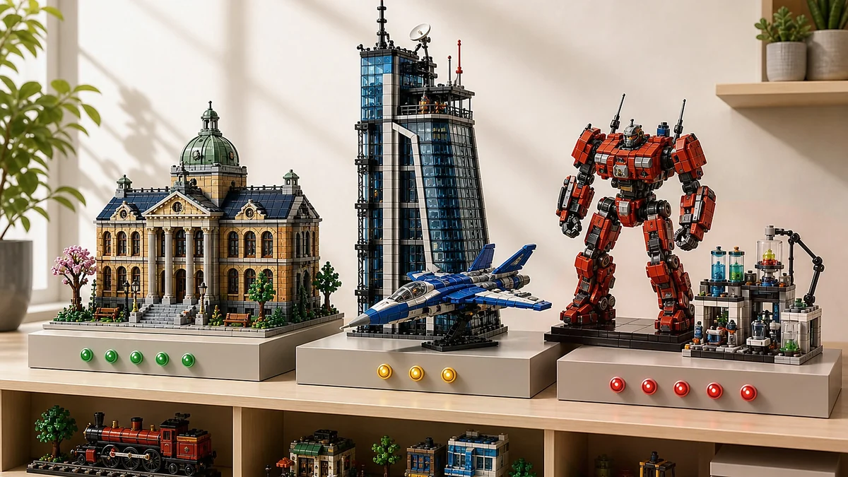 Actiedisplay met academiegebouw, glazen toren, blauw vliegtuig, rode mech, labhoek en voorraadlichten