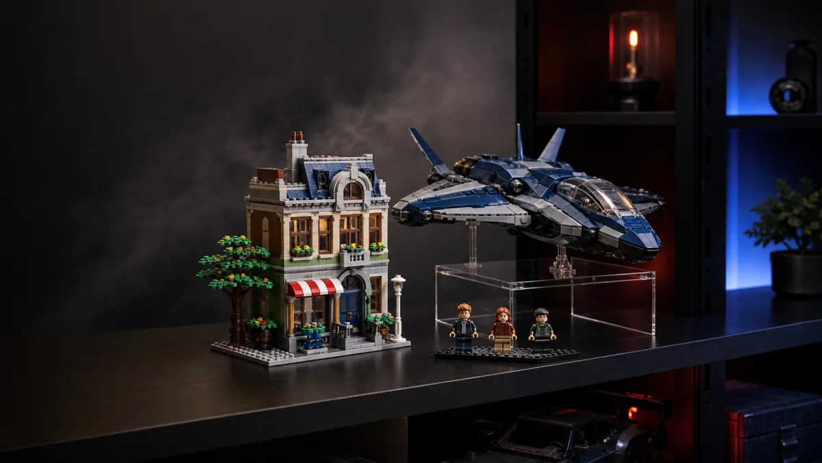 Real LEGO Marvel product images on a photorealistic display table for last-chance advice
