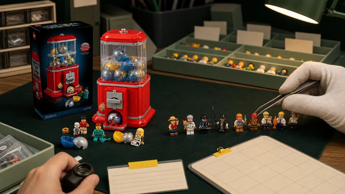 LEGO minifigures on a green sorting mat with tweezers, a magnifier and collection trays