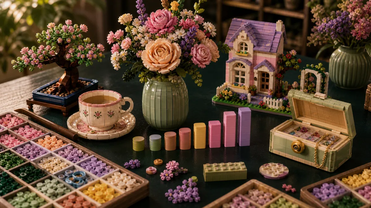 Gebouwde LEGO-bloemen, bonsai, pastelhuis, sorteertrays en gekleurde voorraadbalken op een groen BricksDeal-bureau