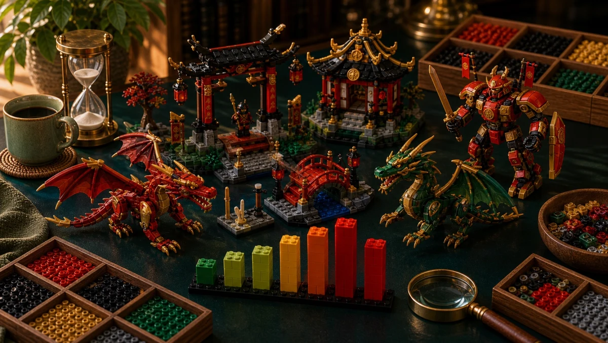 Brick-built NINJAGO-geinspireerde tafelopstelling met draken, mech, dojo, zandloper en voorraadbalken