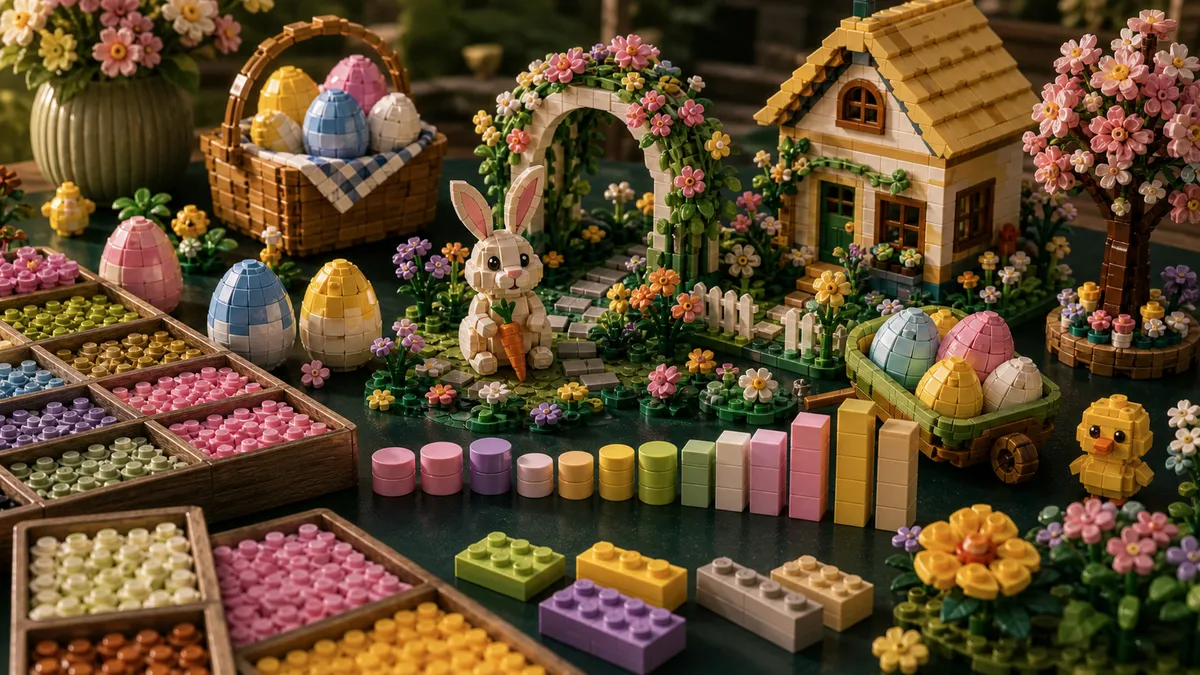Gebouwde LEGO-paasdisplay met pastelkonijn, eieren, bloementuin, sorteertrays en voorraadbalken op een groen bureau