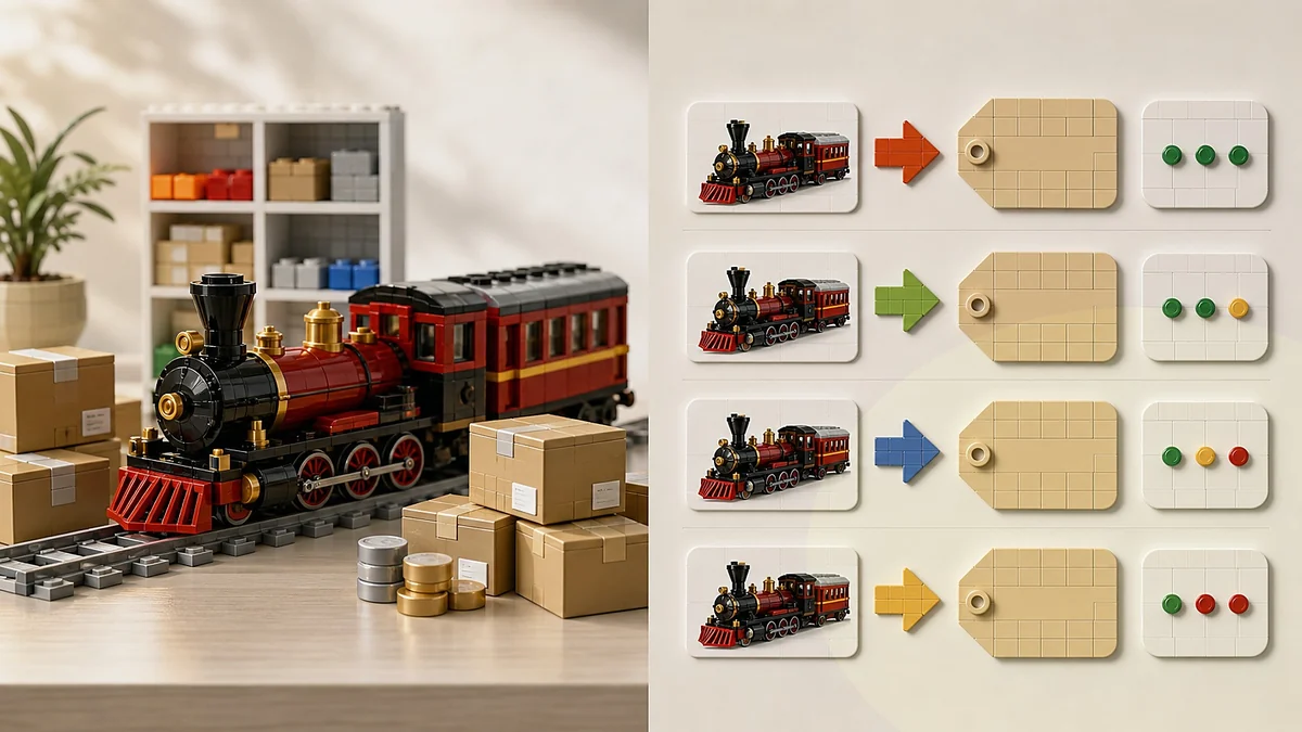 Gebouwde prijsvergelijking met treinmodel, pakketten, vergelijkingskaarten, pijlen, prijslabels en voorraadlichten