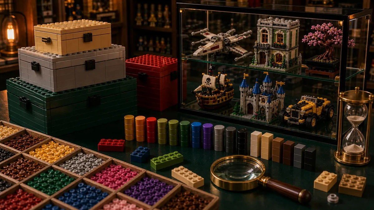 Collectorstafel met verzegelde LEGO-achtige opbergdozen, vitrinemodellen, sorteertrays, vergrootglas en voorraadbalken