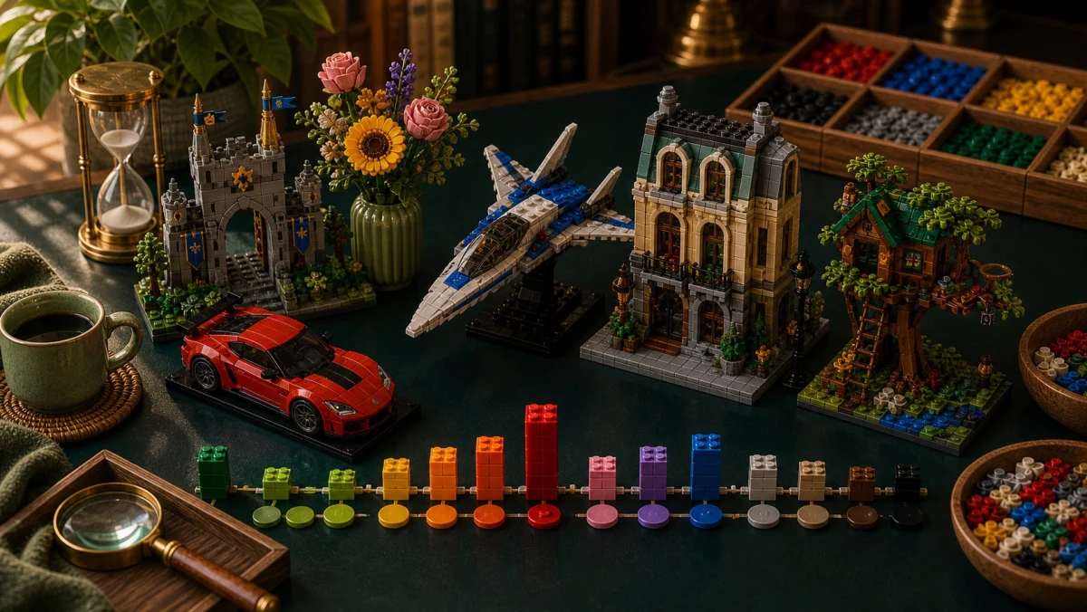 Brick-built retirementkalender met uitlopende LEGO sets, prijsgrafieken en een BricksDeal mark op het bureau