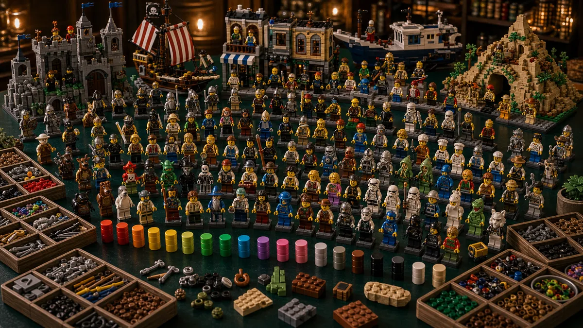 Rijen LEGO-minifiguren op displaytrappen met setachtergronden, accessoiretrays, gekleurde tellers en voorraadbalken