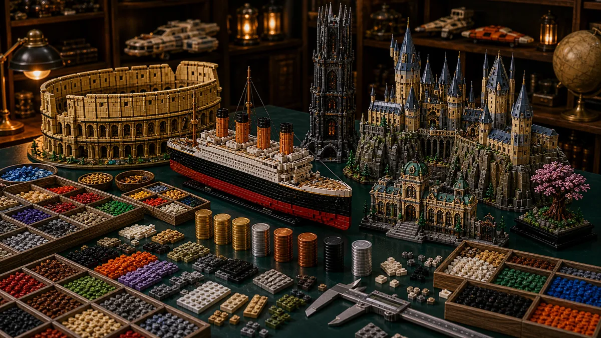 Monumentale LEGO-display met hoge toren, oceaanliner, arena, kasteelstuk, sorteertrays en grote velden losse stenen