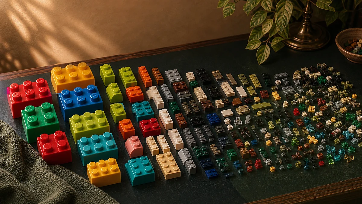 Rij LEGO dozen gesorteerd op grootte: van Duplo tot grote 18+ doos, achtergrond neutraal grijs