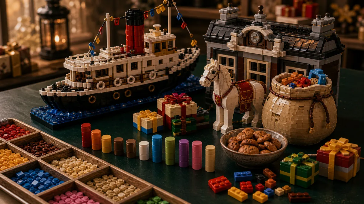 Gebouwde LEGO-Sinterklaas cadeauscene met stoomboot, dak, wit paard, cadeauzak, sorteertrays en voorraadbalken op een groen bureau